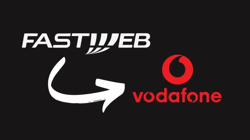 Logo di Fastweb con freccia che porta al logo di Vodafone